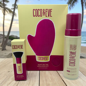 NEW Coco & Eve Sunny Honey Tanning Set Bali Bronzing Set Medium Foam Mitt Brush